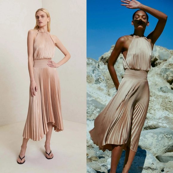 A.L.C. Renzo Asymmetric Pleated Midi-Dress Sz 8 Bella Halter Neck Smock Waist - Picture 1 of 10